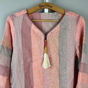 Soft‎ Surroundings Mecca Tunic Womens M Woven Peach Pink Stripe Tassel Pullover
